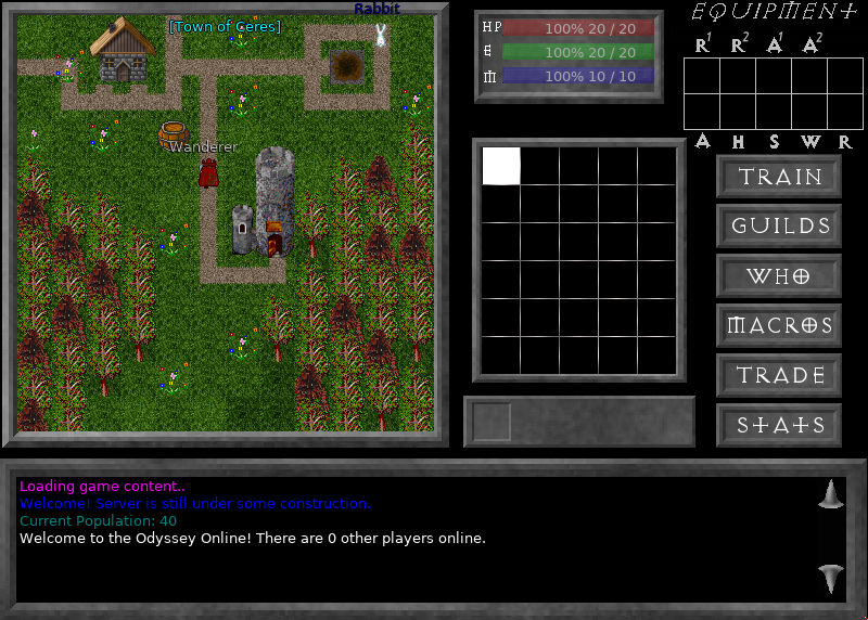 The game screen: the map, the character's bars, equipment, inventory, six buttons and the chat